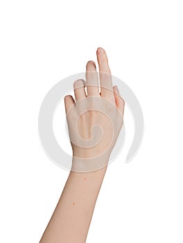 Front view of female hand gesture. Showing, signaling something abstract. Communication symbol with