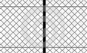 Front view of fence with wire mesh, black and white. White background and drawing in black