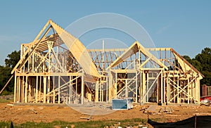 Front View of the Frame of a Suburban Home Under Construction