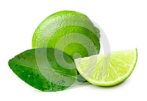 Front view of fresh green lemon fruit with slice or quarter and leaf isolated on white background with clipping path