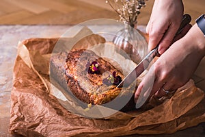 Front view of a fresh loaf of sweet potato cake