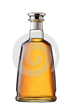 Front view full whiskey, cognac, brandy bottle isolated on white background with clipping path