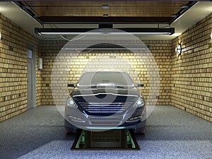 Front View of a Garage with a car 3D Interior with Opened Roller