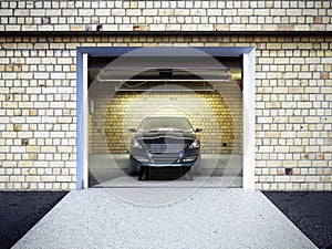 Front view of a garage with a car 3D interior with opened roller