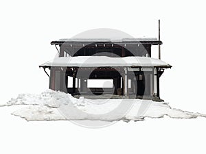 Front view of garage cover with snow in winter on white background