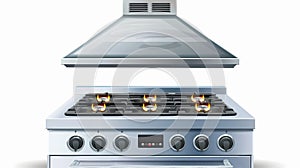 Front view of a gas stove with oven and cooker hood, isolated on white. Modern realistic set of metal range hoods and