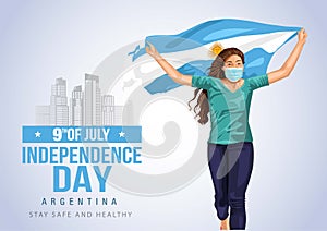 Front view. Girl with Argentinian flag runs in light background. Argentinia independence day 9th july. Happy independence day.