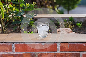 Front view of a glass full of water and ice, on a wallflower on an outdoor terrace on a summer evening. photo