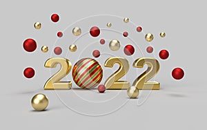 Front View of Gold 2022 with striped christmas bauble and falling red and gold balls on a grey background. 3D rendered