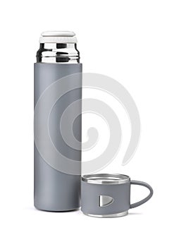 Front view of gray metal thermos flask