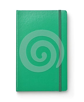 Front view of green blank hardcover notebook