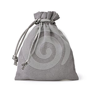 Front view of grey fabric drawstring gift bag photo