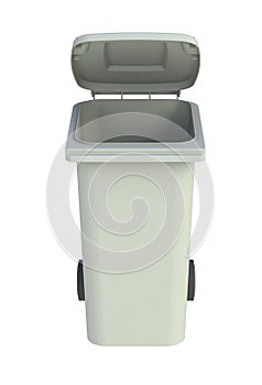 Front view of grey garbage wheelie bin with a open lid
