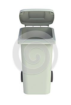 Front view of grey garbage wheelie bin with a open lid photo