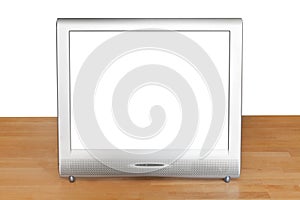 Front view of grey TV set display on table