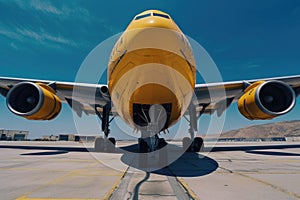 Front view from the ground of a modern civil aircraft on the airfield runway. Wide body jet ready to take off against