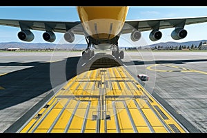 Front view from the ground of a modern civil aircraft on the airfield runway. Wide body jet ready to take off against