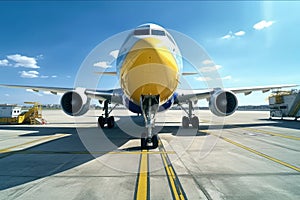 Front view from the ground of a modern civil aircraft on the airfield runway. Wide body jet ready to take off against
