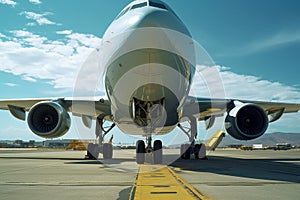 Front view from the ground of a modern civil aircraft on the airfield runway. Wide body jet ready to take off against