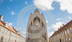 Front view of Grundtvig Church in Copenaghen