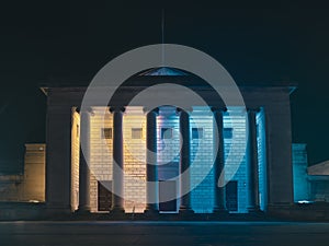 Front view of the Guild Hall in city of Southampton with Ukraine flag colors at night