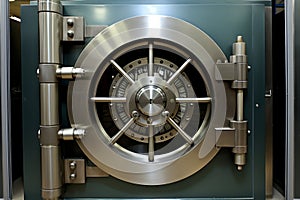 Front view of half open bank vault door with security safe box for full frame safe storage