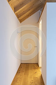 Front view hallway with white door and visible wooden beams. Nobody inside