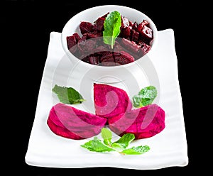 Front view and high angle view of Beetroot curry,popular in south india. Isolated on black background