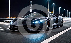 Front view of high-speed sports car racing on nighttime highway. Blurred motion, powerful headlights, and sleek design capture