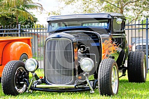 Front view of hot rod roadster car