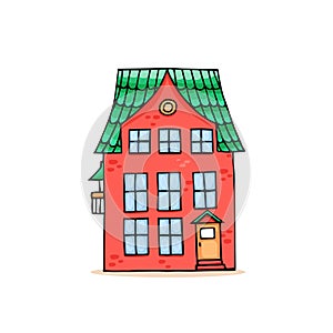 Front view house in cute color style. Hand drawn house facade in red color and green roof  with doors  windows and balcony.