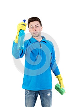 Front view of a houseowner in gloves with sponge and detergent.