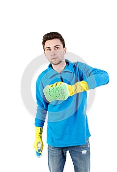 Front view of a houseowner in gloves with sponge and detergent.