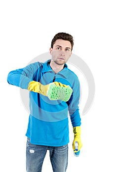 Front view of a houseowner in gloves with sponge and detergent.