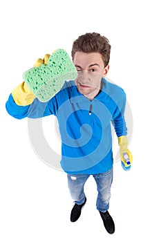 Front view of a houseowner in gloves with sponge and detergent.