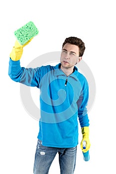 Front view of a houseowner in gloves with sponge and detergent.