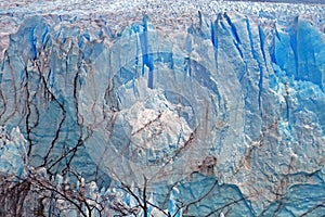 Front view of the ice texture of Perito Moreno Glacier, in El Calafate, Argentina, during a cloudy day.