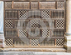 Front view of interleaved wooden arabisk wall - Mashrabiya, Cairo, Egypt photo