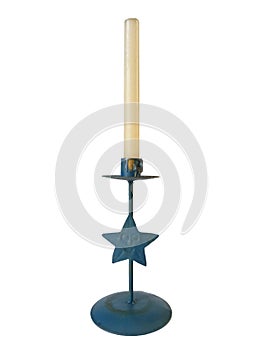 Front view of isolated candlestick with candle. Old blue brass candle holder on white background. Decoration and lighting object