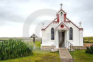 Front view of Italian Chapel on Lamb Holm, Orkney Islands, Scotland