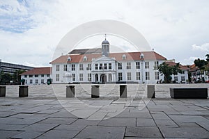 The front view of the Jakarta History Museum (Batavia Museum) located in the Old Town (Kota Tua) of Jakarta