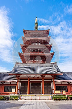 Front view of Japanese Buddhist five-storeyed pagoda at Senso-ji Temple