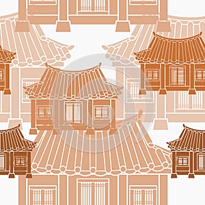 Front View Korean Hanok Vector Illustration Seamless Pattern