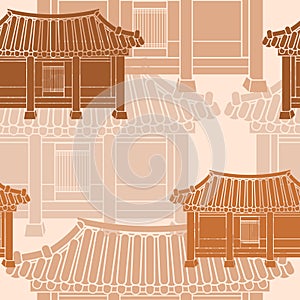 Front View Korean House Vector Illustration Seamless Pattern