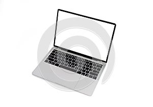 Front view of Laptop with blank screen in angled position. Blank white screen display for mockup isolated on white background,