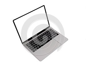 Front view of Laptop with blank screen in angled position. Blank white screen display for mockup isolated on white background,