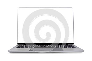 Front view, Laptop computer modern Thin edge slim design, blank screen isolated on white background