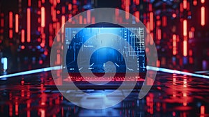 Front view of a laptop, hackers and internet connection. Bugs and malware. Stolen digital data