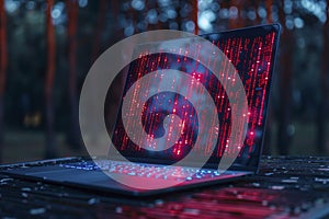 Front view of a laptop, hackers and internet connection. Bugs and malware. Stolen digital data