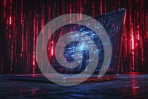 Front view of a laptop, hackers and internet connection. Bugs and malware. Stolen digital data